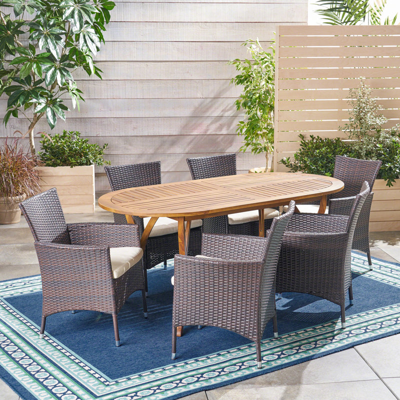 Kendra 6 - Person Acacia Wicker Patio Dining Set with Oval Table, Teak