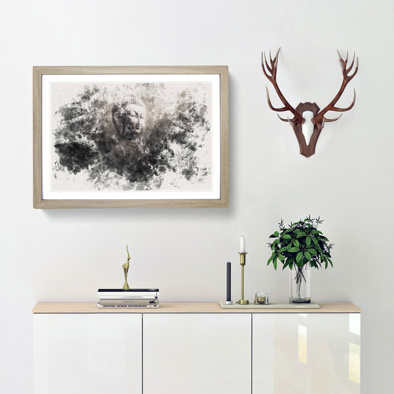 Buddha in a Mist - Picture Frame Painting Print, 40cm H x 60cm W x 2cm D, Oak Framed