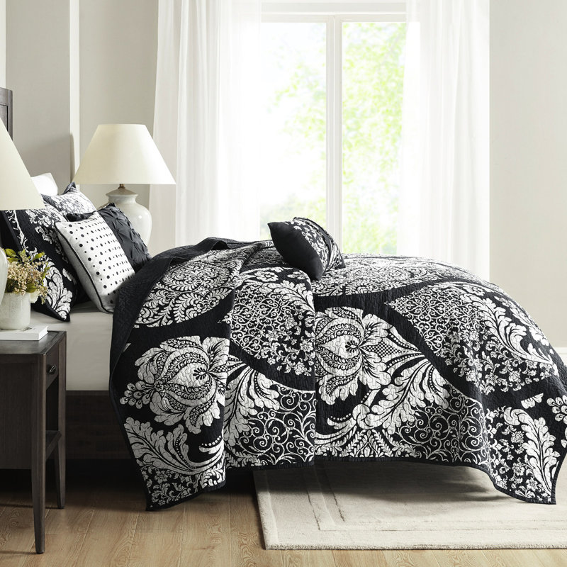 Literie réversible avec motif - coton double / grand noir et mélange, Noir, Courtepointe double / grand + 5 pièces supplémen