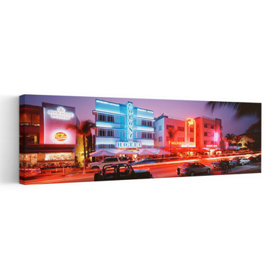 Buildings Lit Up At Night, South Beach, Miami Beach, Florida, Colorful Retro Abstract Palm Tree Architecture Beach Wall Art