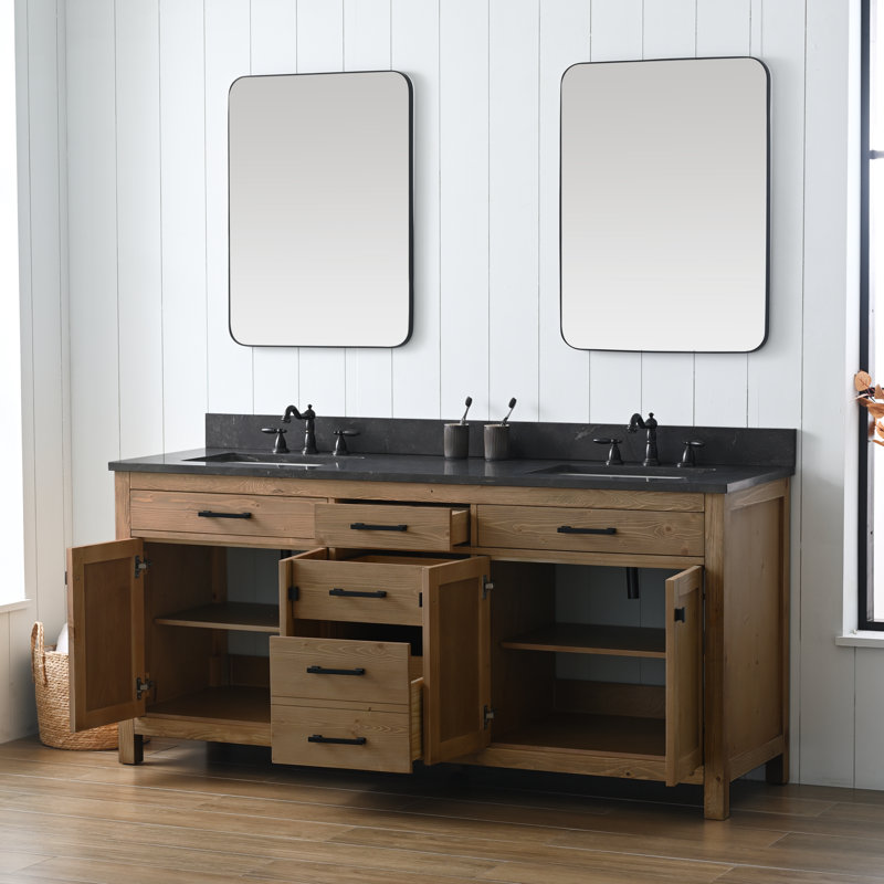 Ensemble de meuble-lavabo double 72 po Ajiya, Calcaire bleu, Naturel texturé / noir mat