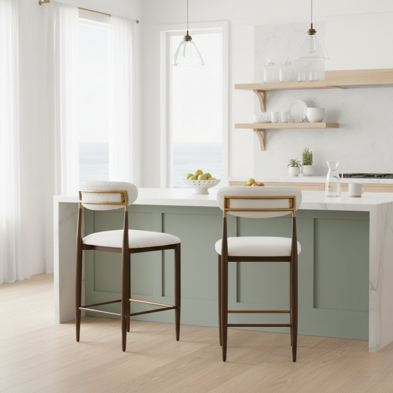Sloane Modern Upholstered Iron Counter Stools With Open Back And Gold Accents, Beige/Gold/Brown/Boucle