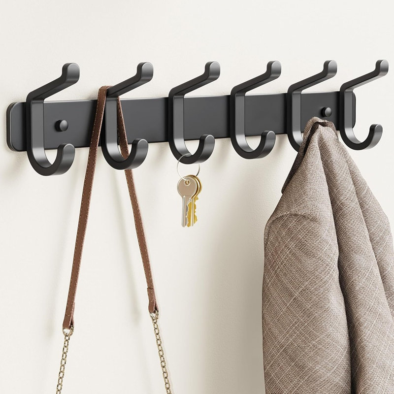 Porte-manteau mural noir robuste avec 6 crochets, organisateur suspendu en métal résistant à la rouille pour manteaux, chapeaux, sacs, serviettes et clés