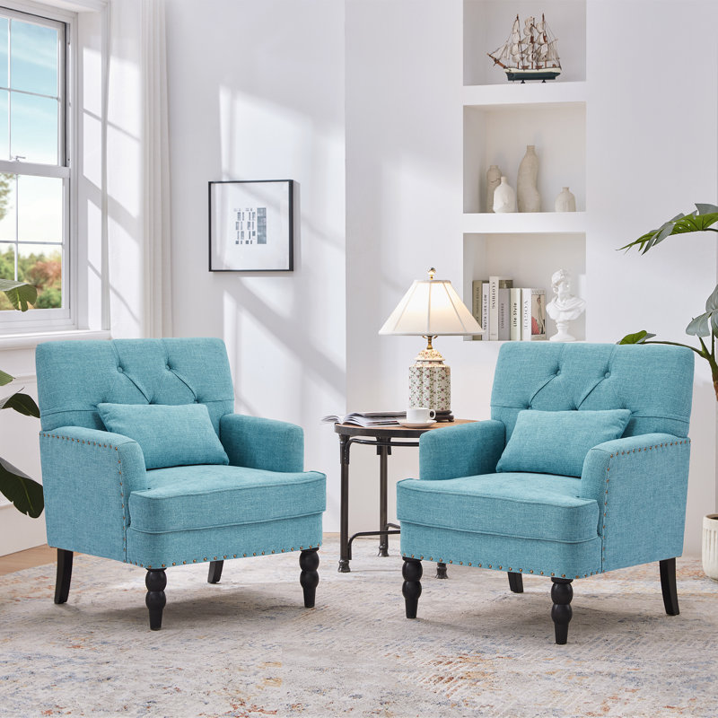 Arnice 29" W Button Tufted Upholstered Club Chair with Nailhead Trim, Lake Blue Polyester Blend