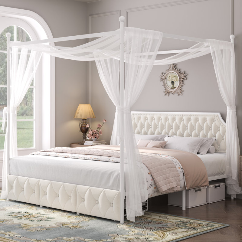 Artevious Upholstered Metal Canopy Storage Bed, King, Off White