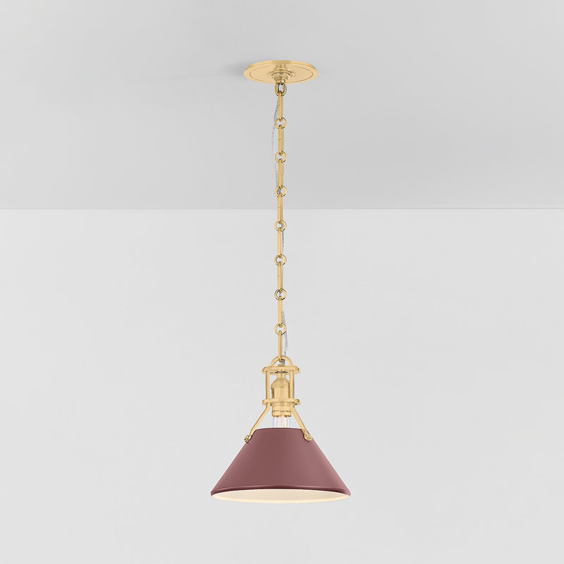 Painted No. 2 Pendant in Aged Brass and Blue Bird by Mark D. Sikes, Soft Crimson, Brass, 9.25" H x 9.5" W x 9.5" D