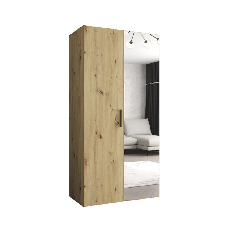 Suphi II Hinged Door Wardrobe 100cm - Bold, Mirrored Sophistication for Compact Spaces, Oak