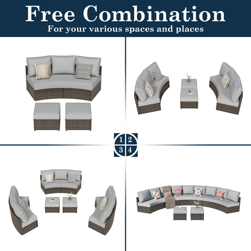 5 Piece Half Moon Rattan Sectional Seating Group with Cushions