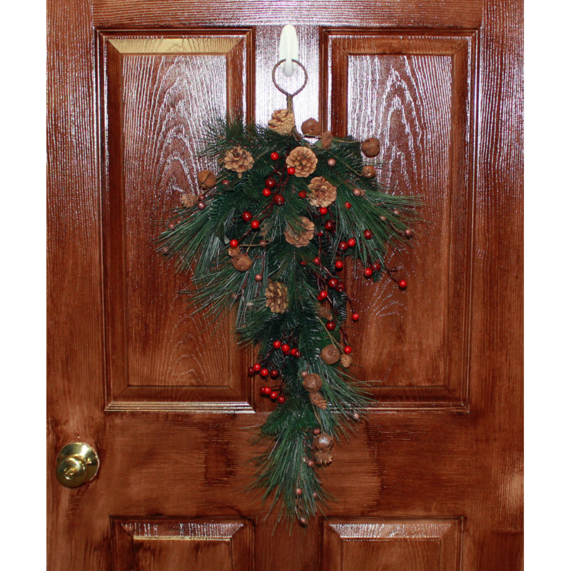 27" Artificial Pine Berry Cone Jingle Bell Christmas Teardrop Swag