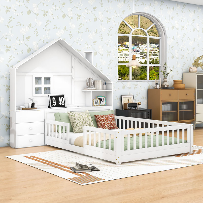 Lit maison avec rangement spacieux et port USB, Double