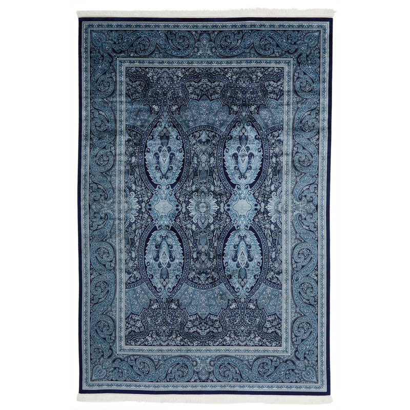 Tapis turc bleu marine et ivoire Antep, Rectangle 6 pi 7 po x 9 pi 6 po