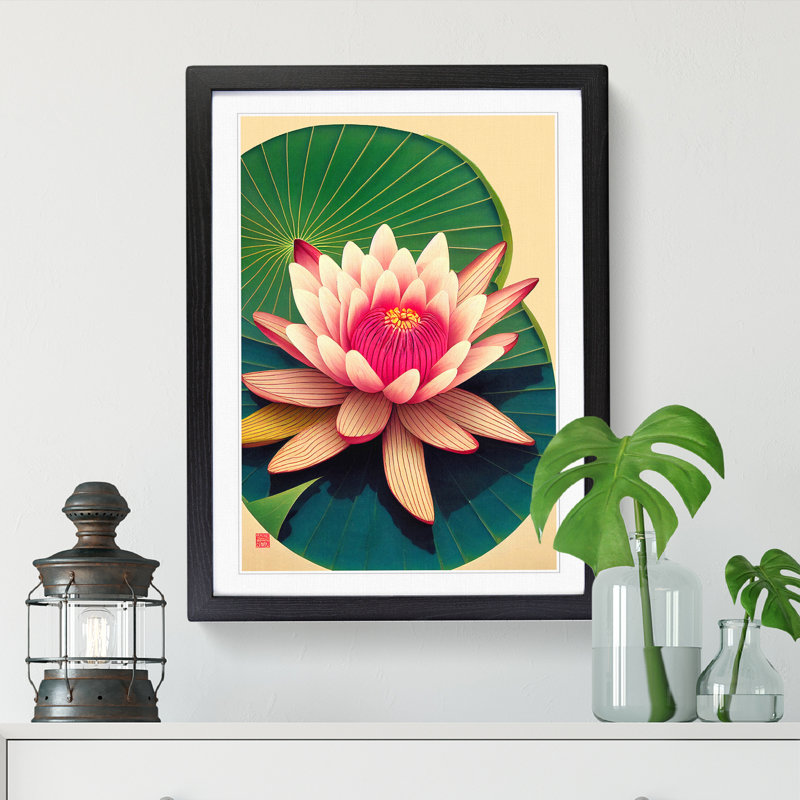 Water Lily Flower Chinese - Picture Frame Print, 64cm H x 46cm W x 2cm D, Walnut
