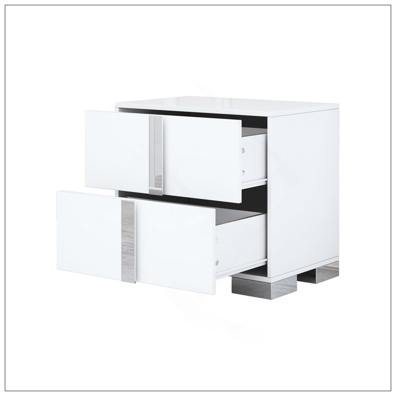 Table de chevet élégante avec poignées en métal, rangement à 2 tiroirs pour la chambre à coucher et le salon, blanc
