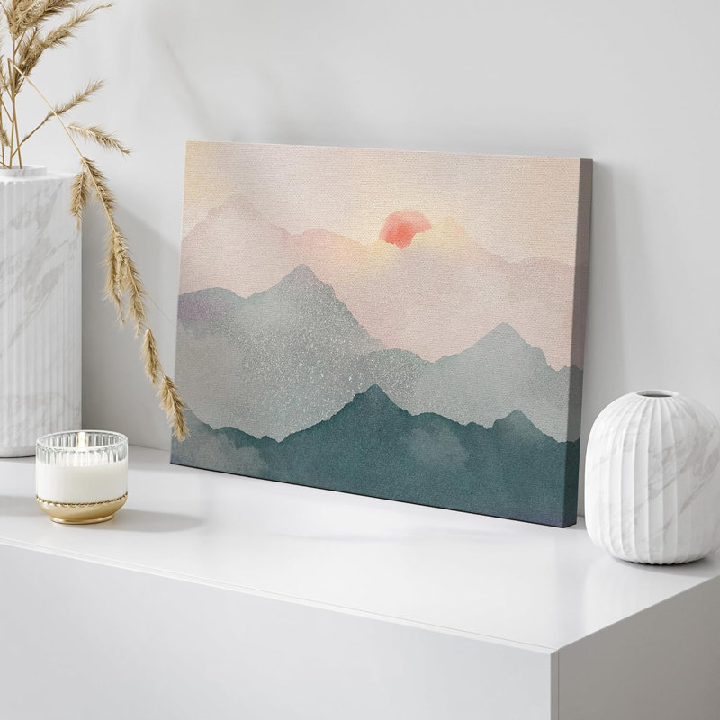 Pastel bleu sarcelle aube rose montagne nature art moderne abstrait paysage salon chambre bureau, Toile tendue