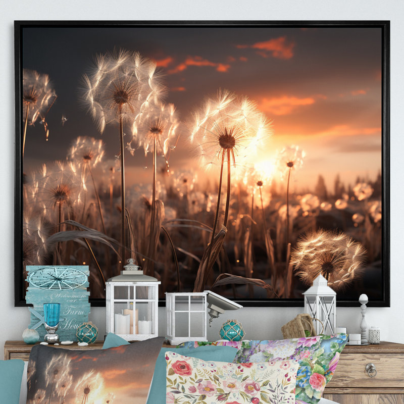 Sunset Dandelion Field III - Floral Canvas Wall Art, H 16 po x l 32 po x P 1 po, Cadre flottant noir