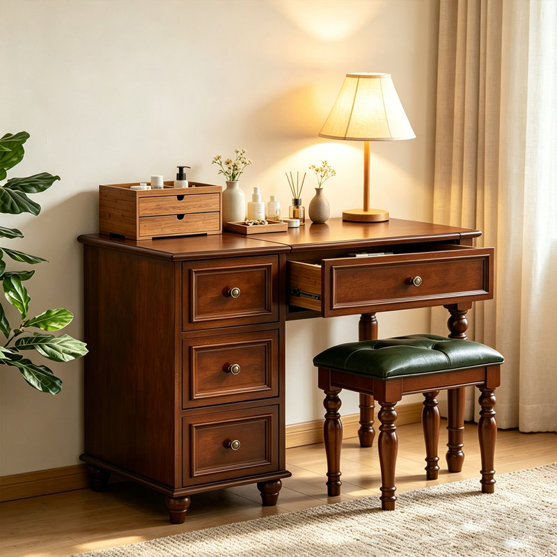 Coiffeuse de 39,37 po de style américain recouverte de bois massif, H 31,1 po x l 39,37 po x P 19,69 po