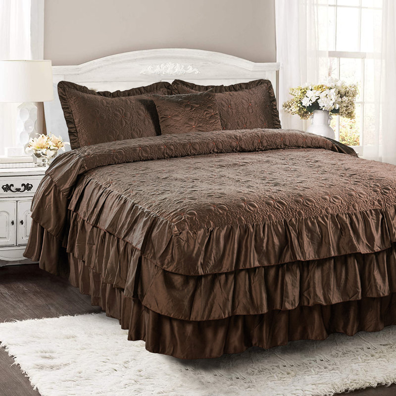 4 Piece Ruffle Matte Satin Bedspread Set, Chocolate, King Coverlet + 2 King Shams + Throw Pillow