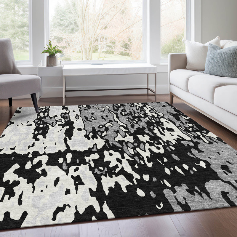 Premium Machine Washable Prisco Black Rug, Rectangle 2'6" x 3'10"