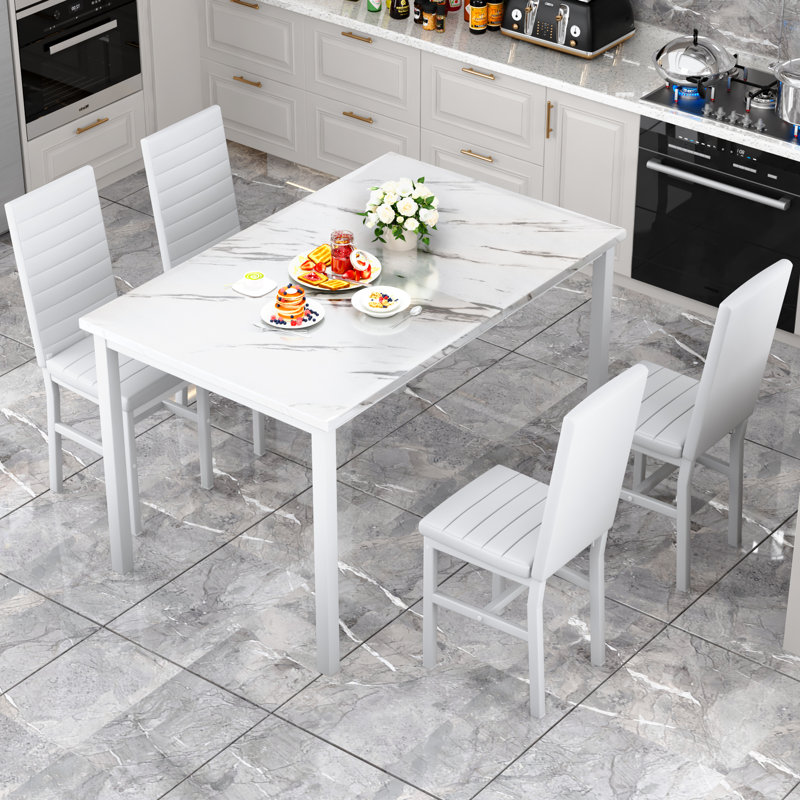 4 - Person Faux Marble Top Four Leg Dining Set, White, White