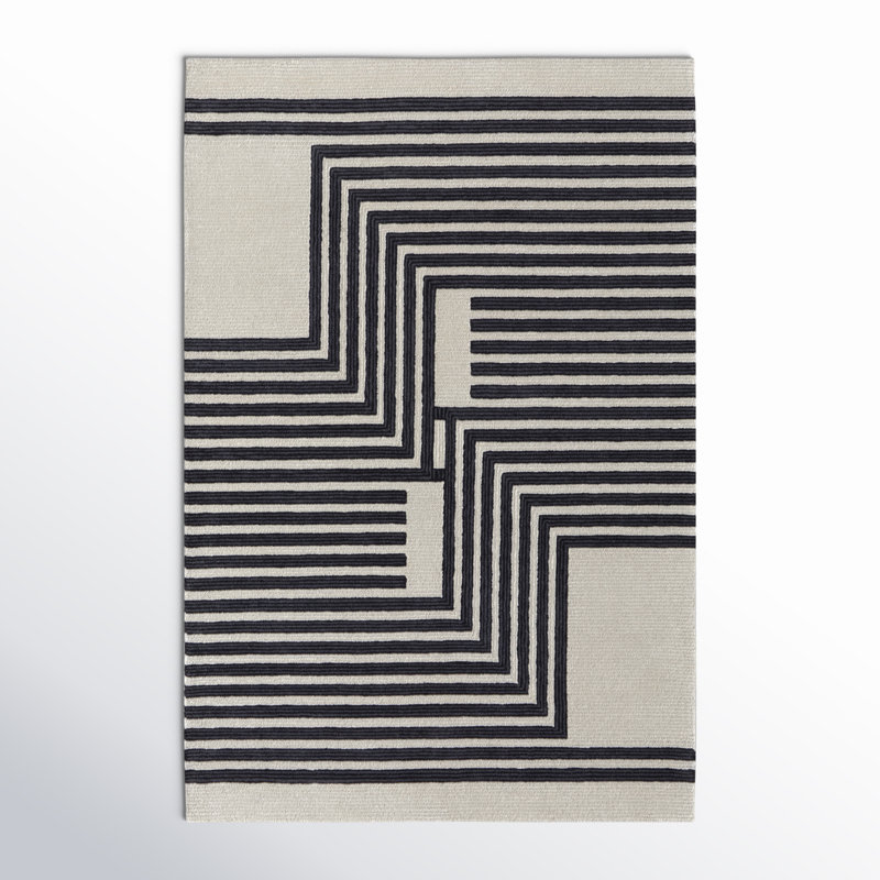 Black and Ivory Geometric Hand-Tufted Wool Rug 8' x 10'