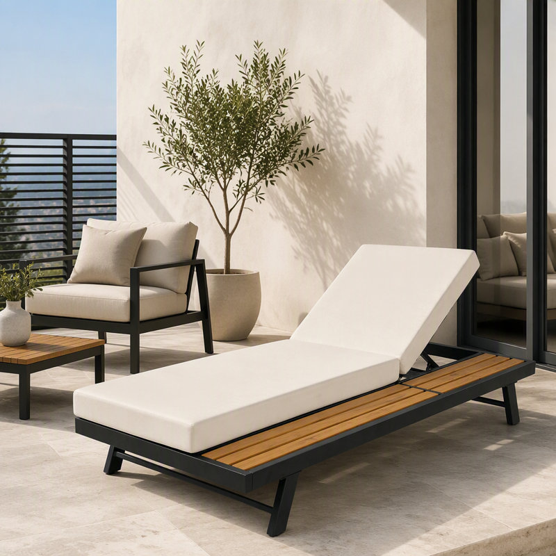 Ensemble de chaises longues en fer noir et teck avec coussin crème, capacité de 400 lb, coussin de 2 po d'épaisseur résistant à l'eau, dossier réglable avec surface de rangement plate pour patio