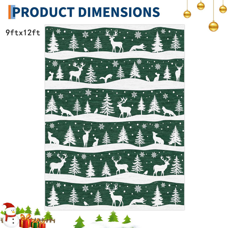 Christmas  Area Rug with Tree and Reindeer, Low Pile Non-Slip Washable Rug for Living Room Holiday Decor, Rectangle 9' x 12'
