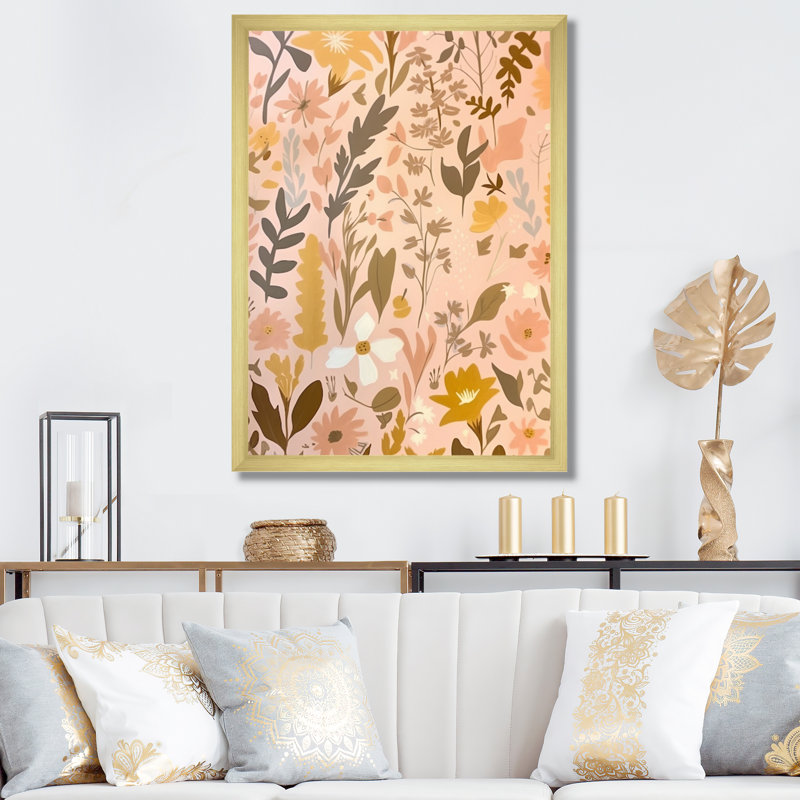 Graphique fleurs sauvages rétro rose pastel, H 44 po x l 34 po x P 1,5 po, Cadre doré à une seule photo