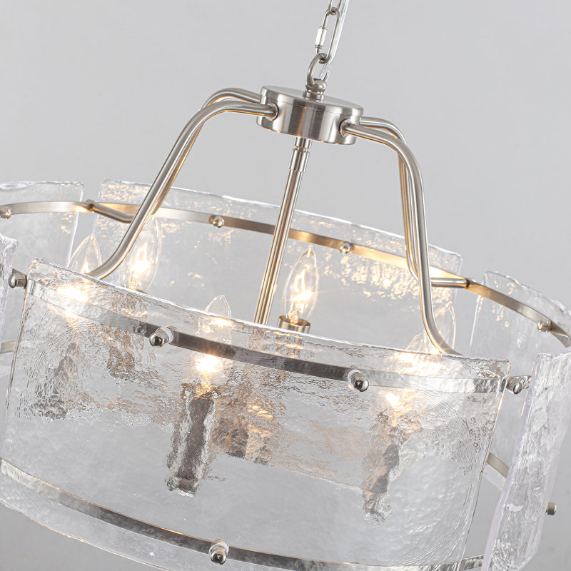 Lustre tambour cylindrique moderne en nickel à 6 lumières avec verre ondulé de 19,7 po pour le salon de la chambre à coucher