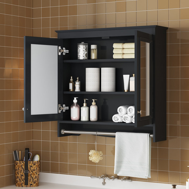 Armoire de rangement murale moderne en miroir, panneau de fibres à densité moyenne et bois d'hévéa avec tablettes réglables et portes à fermeture en douceur