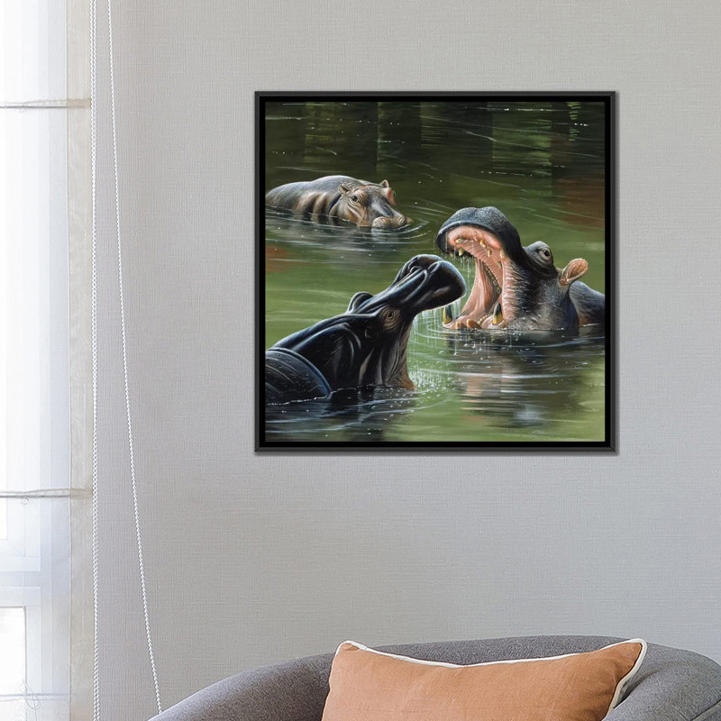 «Hippos in Water», impression sur toile, H 18 po x l 18 po x P 1,5 po, Toile avec cadre noir, Pas de tapis