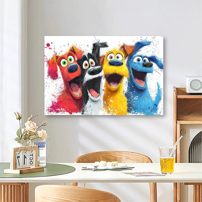 Mignon quatre chiens de dessin, art animalier fantaisiste, grande impression sur toile tendue avec châssis pour salon et chambre à coucher