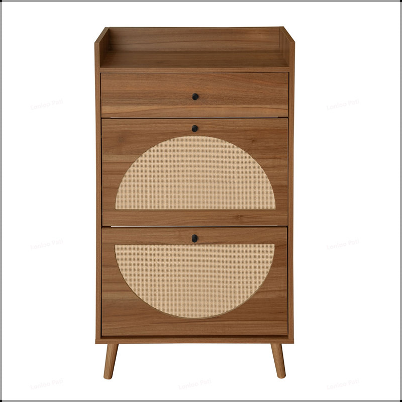 Charming Double-Layer Rattan Shoe Rack Cabinet for Entrance, Enhancing Home Decoration and Organization, Walnut