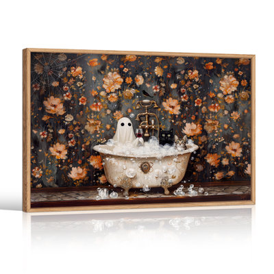 «Ghost and Cats in Clawfoot Tub» avec art floral sur toile Halloween