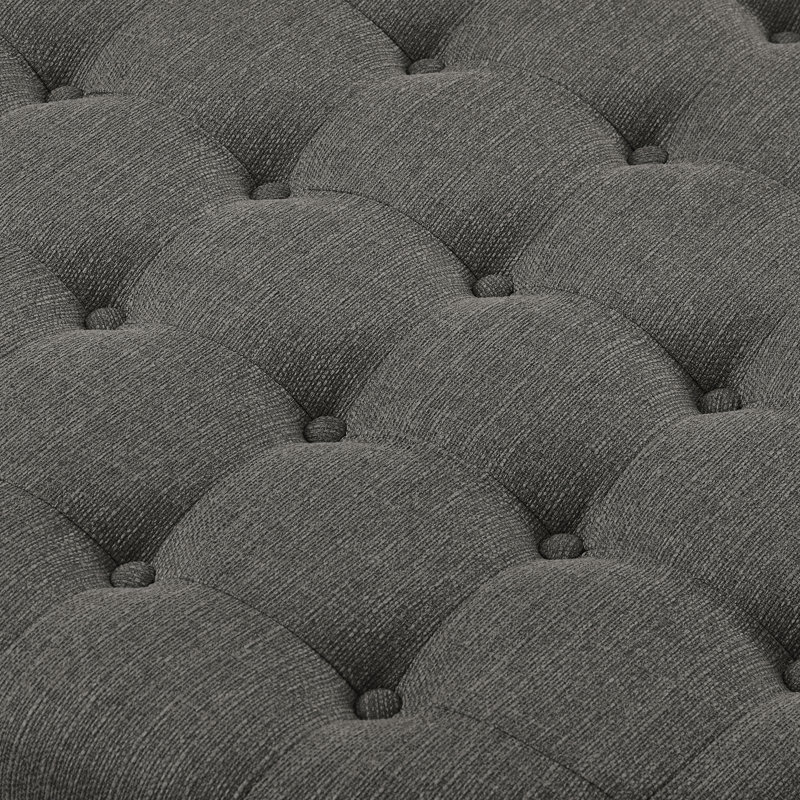 Round Upholstered Tufted Linen Ottoman Coffee Table, Charcoal, Natural