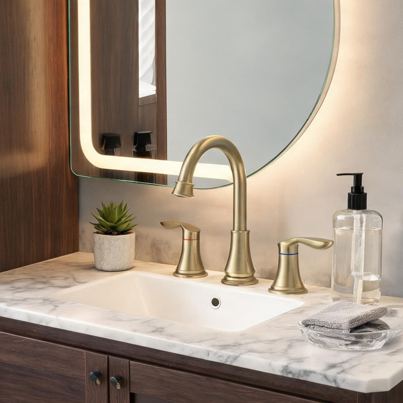 Robinet de salle de bain en or brossé avec bec pivotant, conception à deux poignées et fabrication en laiton