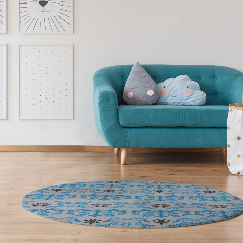 Tapis rond argenté à motif damassé baroque