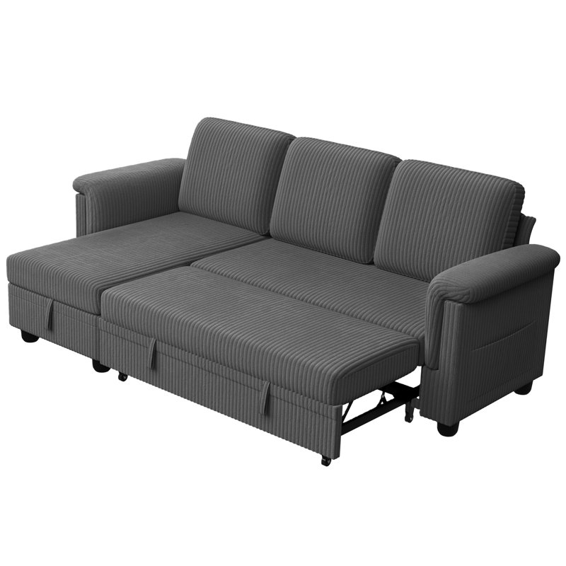 Canapé-lit en forme de L 79 po avec 2 sacs de rangement latéraux, Velours côtelé gris