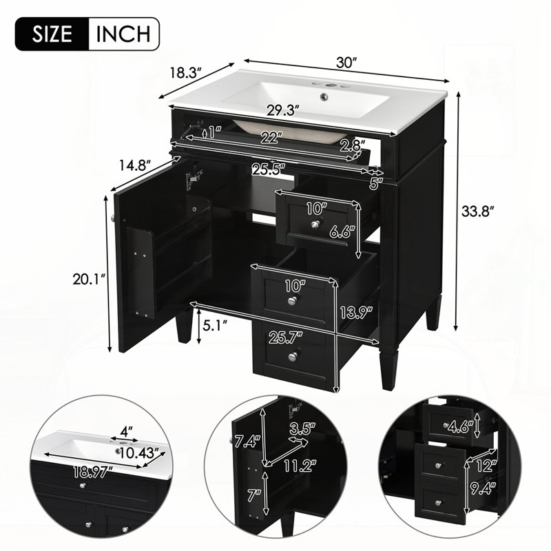Meuble-lavabo de 30 po avec lavabo supérieur, Noir, Argent argent