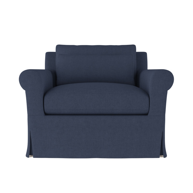 Transitional Skirted Chair, Ebony, Box Weave Linen Blue Print, 34" H x 40" W x 38" D