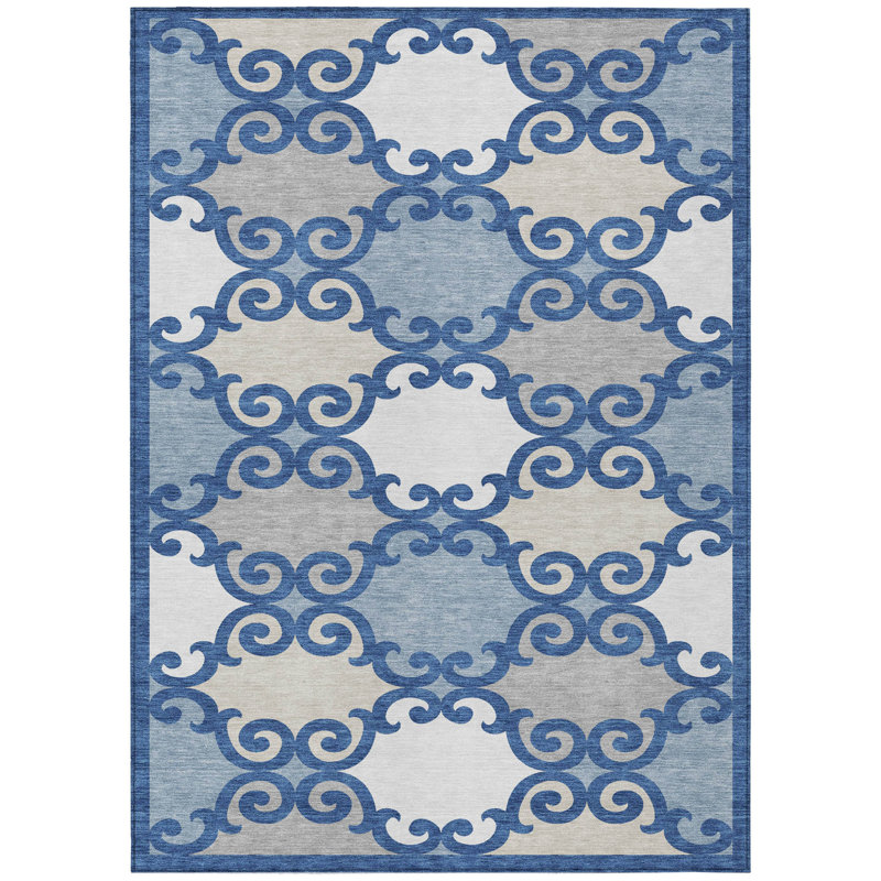 3' X 5' Navy Blue Gray And Ivory Trellis Washable Indoor Outdoor Area Rug