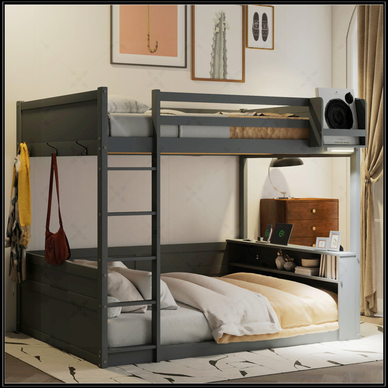Grand lit superposé en bois avec tablettes intégrées, rangement, lumière DEL et station de charge USB, gris