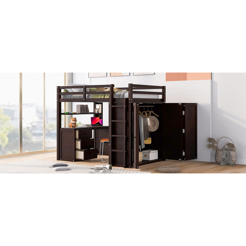 Lit mezzanine double avec tiroirs, bureau et garde-robe, Espresso