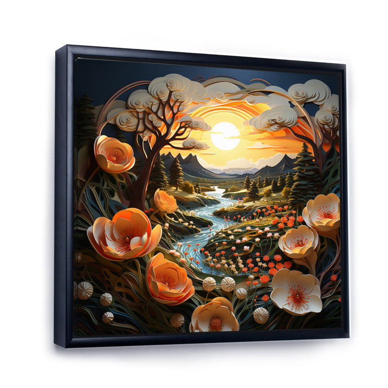 Sunset Golden Meadow Collage I - Landscapes Wall Decor, H 36 po x l 36 po x P 1,5 po, Cadre flottant noir