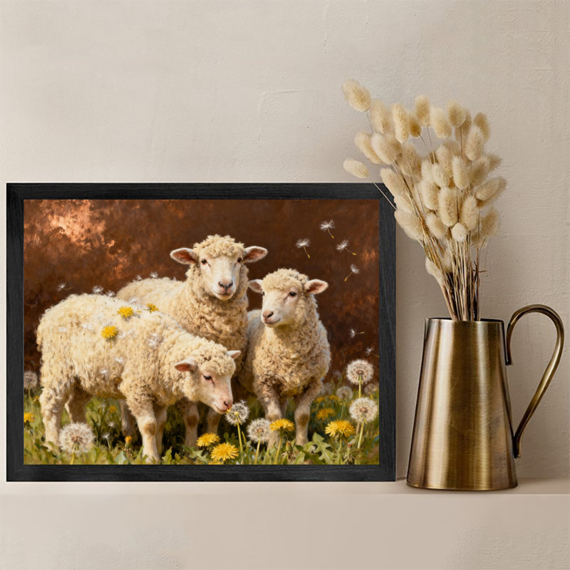 Reproduction d'art encadré noir, petit agneau mignon et douillet, style rétro, H 25 po x l 37 po