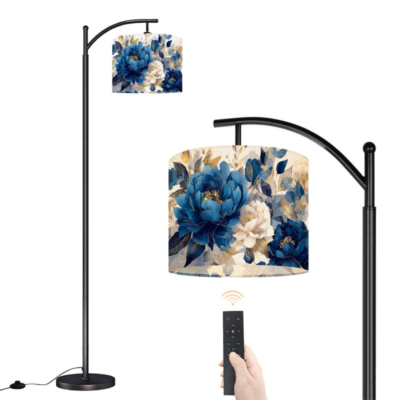 Lampe sur pied à arc avec télécommande Boho Floral Design pivoines bleu marine Lampe sur pied dorée 3 couleurs à intensité variable avec interrupteur au pied pour coin lecture