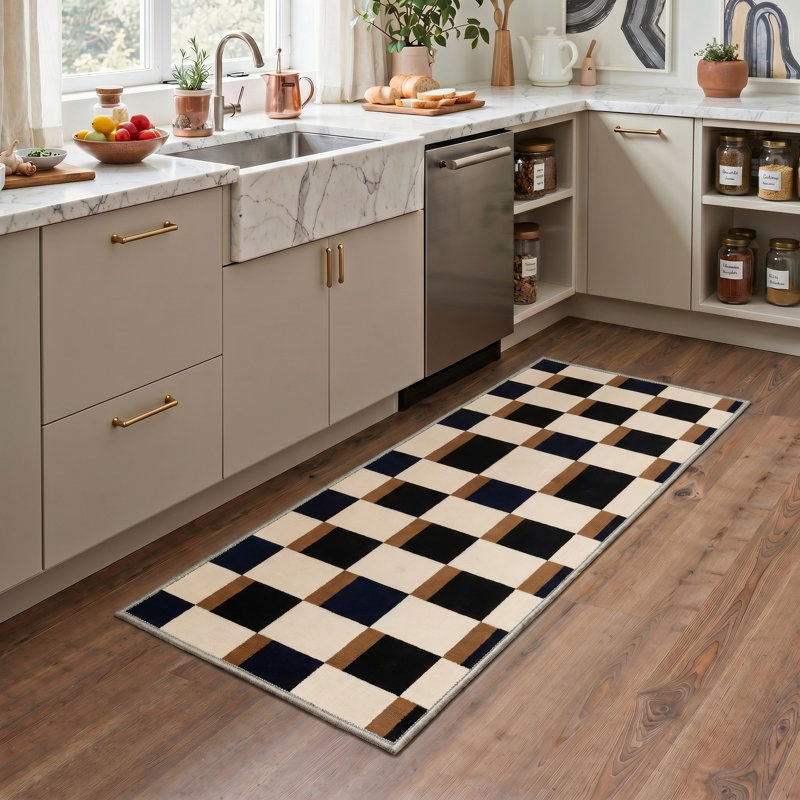 Liadan Monochrome Checkered Machine Washable Biege / Brown / Black Indoor Area Rug with Non-Slip Backing, Runner 2' x 6'