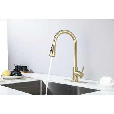 Kitchen Faucet With Pull Out Spray, Brushed Gold Shining, Stainless Steel Capacity, 360 Rotating Characteristic Nozzle, Corrosion And Rust Recommended, Single Handle Scrutinized Spray Faucet,