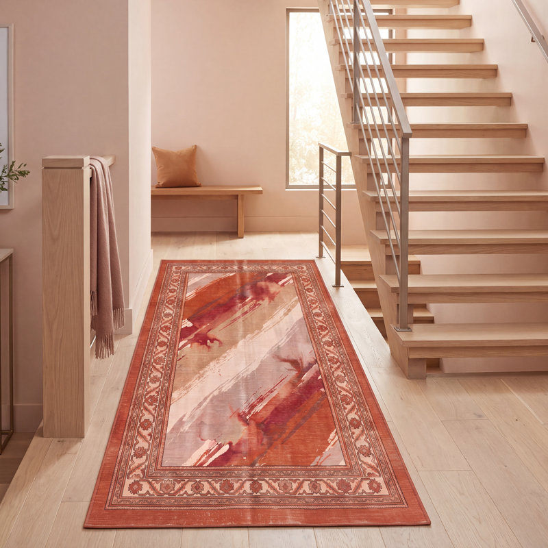 Tapis Belfry moderne à l'aquarelle abstraite orange, rouge et crème, lavable à la machine, antidérapant, à poils courts, pour l'intérieur et l'extérieur, adapté aux animaux domestiques, idéal pour le salon, la chambre, la salle à manger, l'entrée, le couloir ou le bureau.