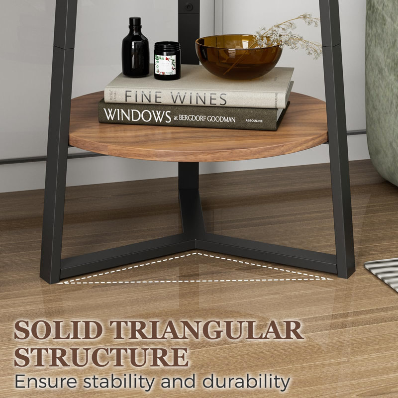 Brown Round Wood and Metal End Table with Storage Shelf