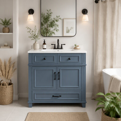 Meuble-lavabo de salle de bain 30 po avec lavabo en céramique, armoire de rangement en bois massif avec portes à fermeture douce, style rétro, bleu